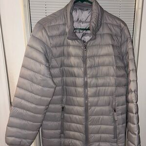 St. John's Bay Silver Puffer Coat with attachable hood, light weight- NWOT